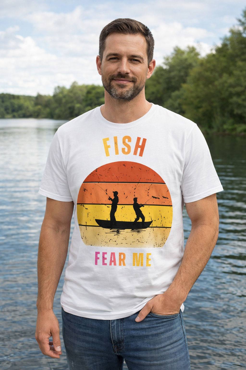 Fishing T-Shirt - "Fish Fear Me" Vintage Sunset Tee