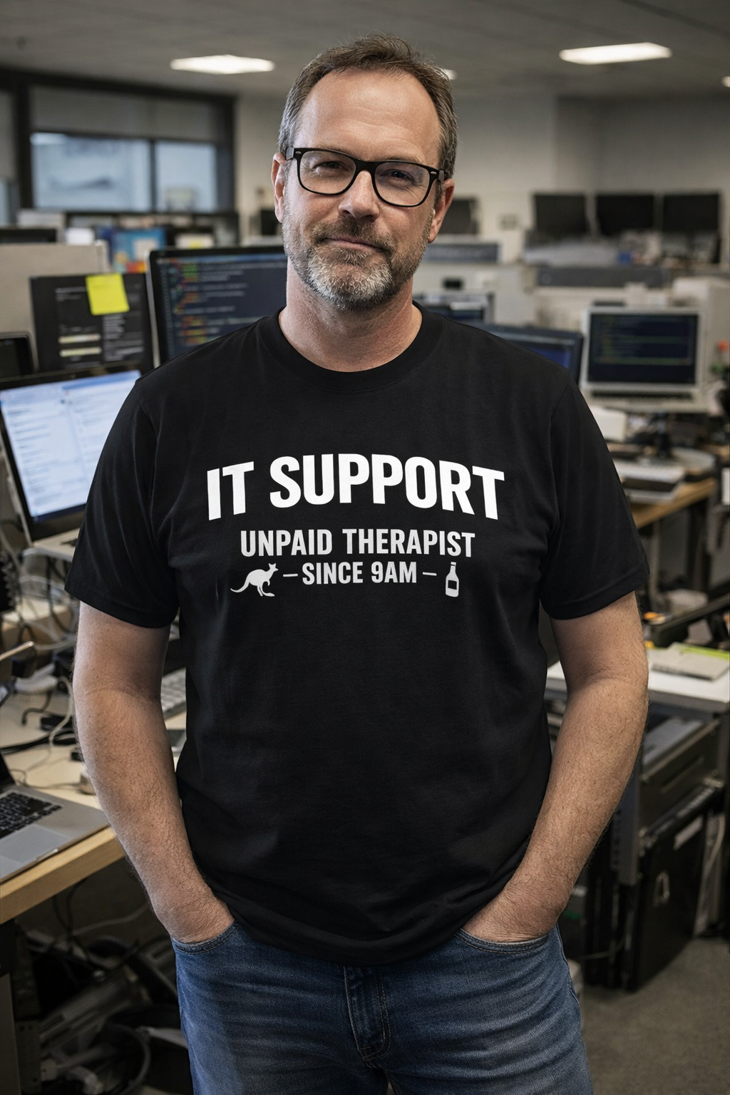 IT Support T-Shirt — “Unpaid Therapist Since 9AM” Collage